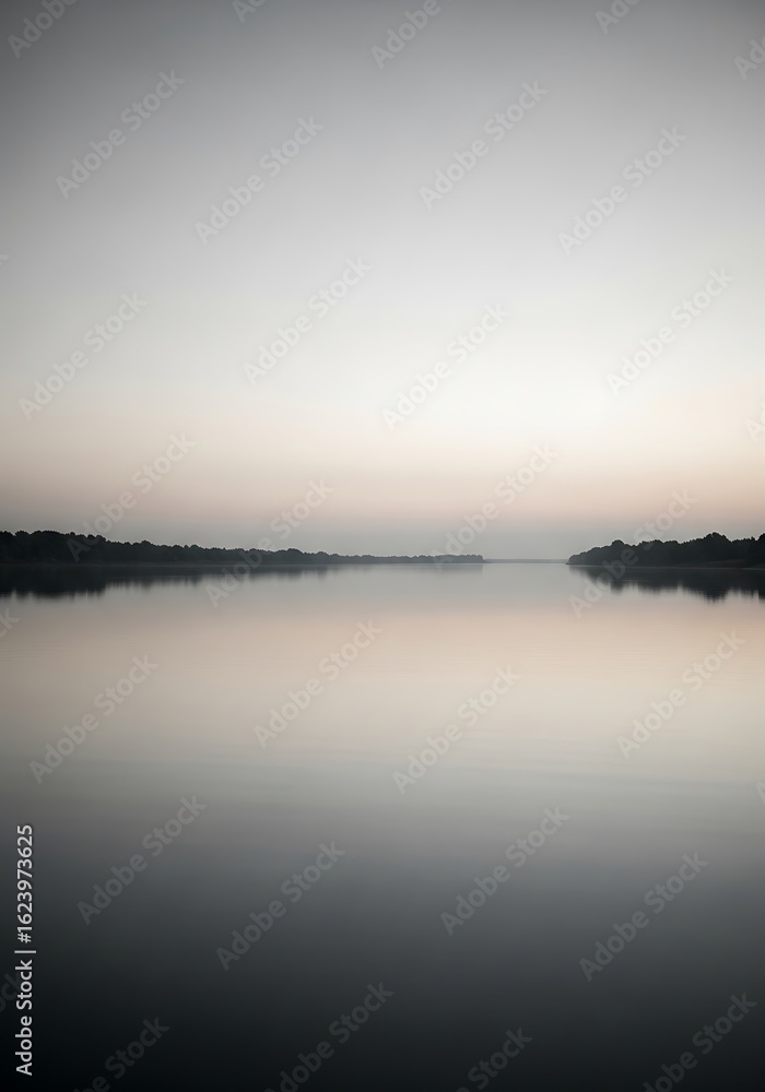 Obraz premium Tranquil lake landscape reflecting dawn's soft light with misty horizons and serene water surface