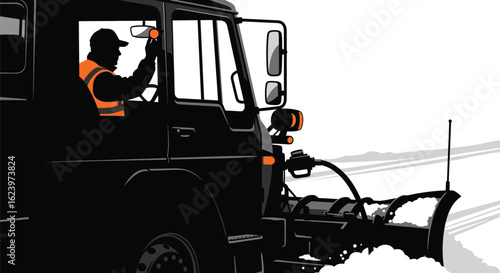 Vector art of a snowplow truck clears a road in winter, with the driver visible in silhouette, isolated on white background, representing winter weather services