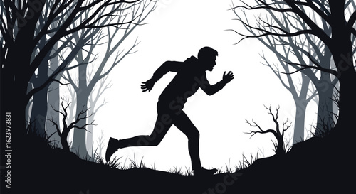 Vector art of a silhouette of a man running through a dark forest, isolated on white background, conveying themes of fitness, escape, or adventure