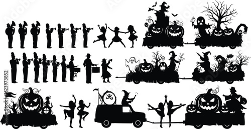 Vector art of a silhouette illustration of a halloween parade featuring a band, dancers, and floats with pumpkins, witches, and ghosts