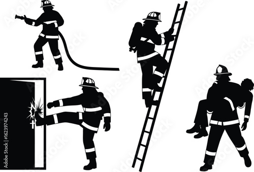 Vector art of a set of firefighter silhouettes depicting rescue operations, including using a hose, climbing a ladder, and saving a victim