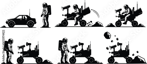 Vector art of astronaut driving a rover on the moon and overcoming obstacles isolated on white background
