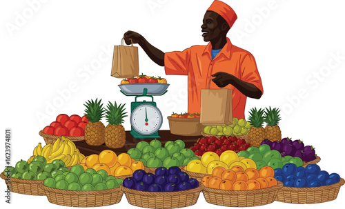 Vector art of an african vendor is selling fresh tropical fruits at a market stall, isolated on white background