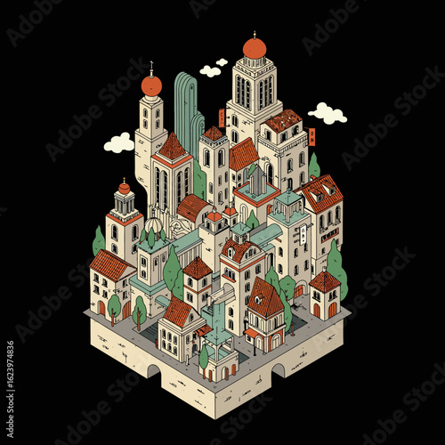 Isometric Vector Illustration of Medieval Castle City in Vintage Style with Warm Earth Tones