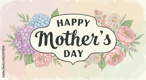 Vector Illustration for Mother's Day Greeting Card with Floral Elements in Vintage Style