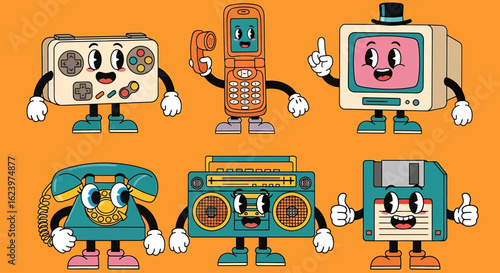 Vector Illustration of Playful Vintage Electronics Characters in Modern Cartoon Style with Bright Color Palette