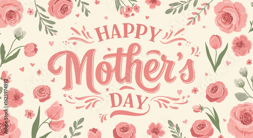 Vector Greeting Card Design for Mother's Day with Floral Elements in Soft Pink and Green Colors in Modern Vintage Style