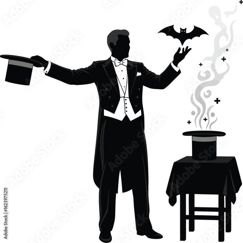Vector art of a magician in silhouette performing a magic trick with a bat and hat isolated on white background