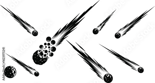 Vector art of meteors and comets in silhouette falling through space isolated on white background