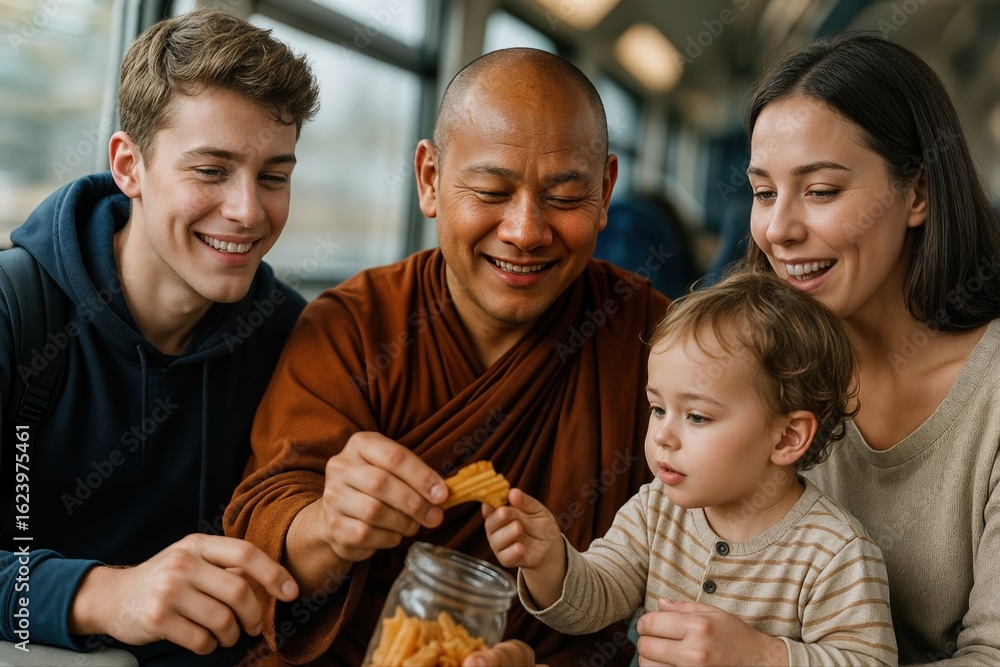 Obraz premium Monk Sharing Snacks with Diverse Group on Train Journey Creating Connection and Joyful Atmosphere