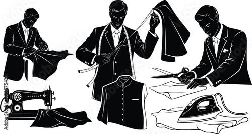Vector art of illustrations of tailors at work with sewing machines, scissors, and measuring tapes, showcasing the craft of bespoke suit making and fashion design