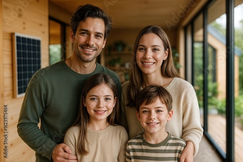 Family Smiling Inside Eco-Friendly Home With Solar Panels in Bright Natural Light