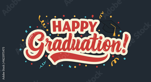 Vector Illustration of Happy Graduation Celebration with Confetti and Graduation Cap in Modern Bold Style