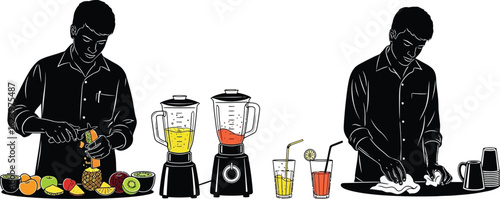 Vector art of illustrations of a man preparing smoothies with fresh fruits and vegetables, using a blender, and cleaning up, showcasing healthy eating and kitchen activity