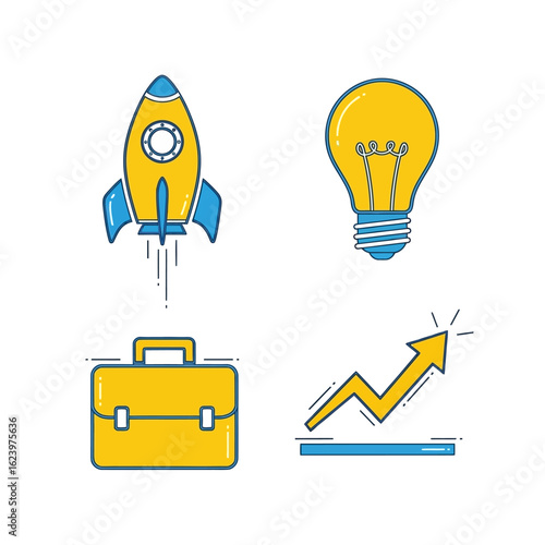 Vector Illustration Set of Business and Innovation Icons in Modern Flat Style Featuring Rocket Light Bulb Briefcase and Growth Arrow