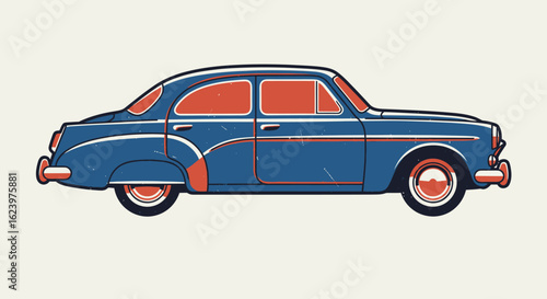 Vintage Classic Car Vector Illustration in Retro Style with Blue and Orange Colors