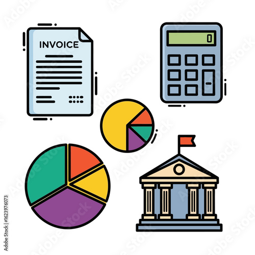 Vector Business and Financial Icons Collection with Invoice Calculator Pie Chart and Government Building in Modern Flat Style Bright Colors