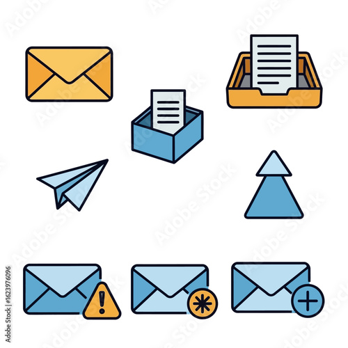 Vector Icon Set of Email and Notification Symbols in Flat Modern Style with Blue and Yellow Colors