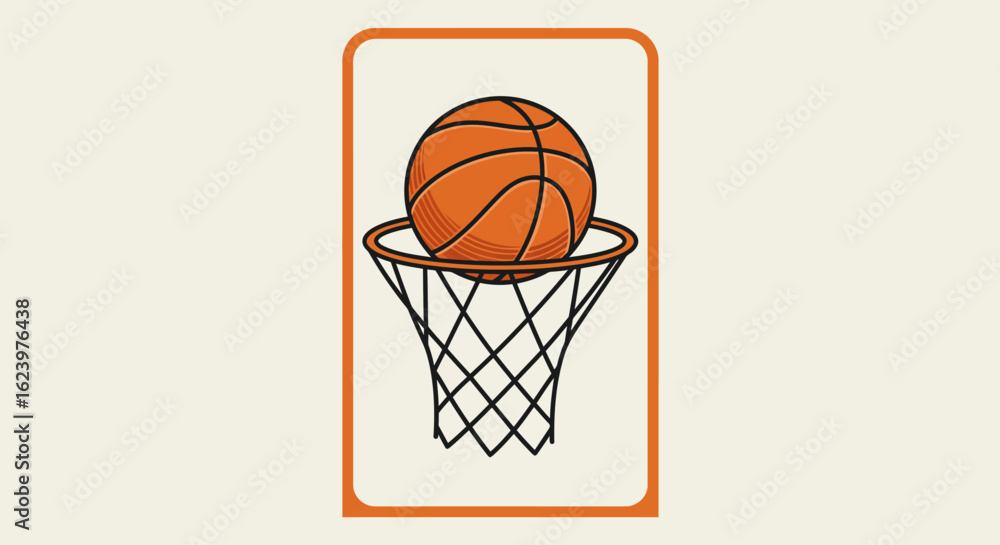 Minimalist Vector Illustration of Basketball in Hoop in Modern Style with Orange and Black Colors Minimalist Vector Illustration of Basketball in Hoop in Modern Style with Orange and Black Colors