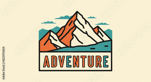 Minimalist Vector Illustration of Mountain Scene with Adventure Text in Retro Style