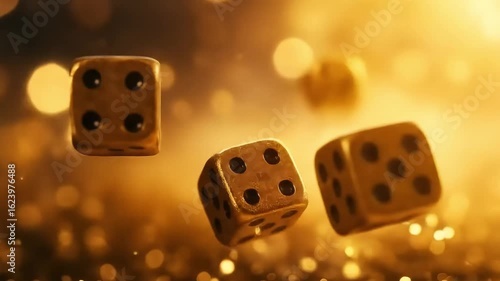 Golden dice rolling through a shimmering background, capturing the essence of chance and luck