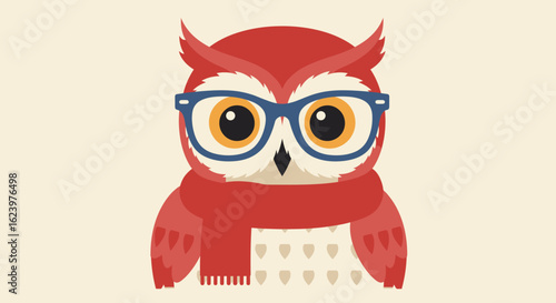 Cute Owl Vector Illustration with Glasses and Scarf in Modern Cartoon Style