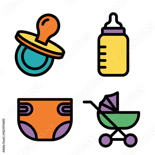 Vector Baby Care Items Pattern with Pacifier Bottle Diaper Stroller in Modern Minimalist Style in Bright Colors