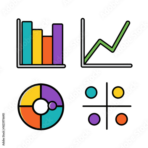Vector Icon Set of Business Data Charts with Colorful Graph Elements in Modern Flat Style