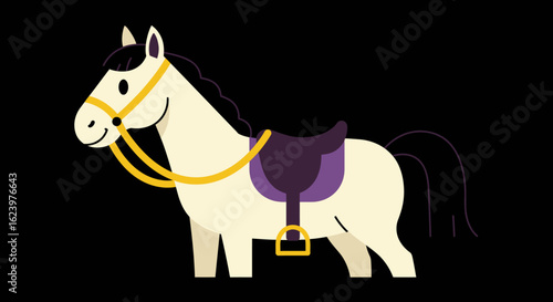 Vector Illustration of Cartoon Horse with Saddle in Minimalist Style Featuring Bright Colors and Simple Shapes for Kids Toys and Educational Materials