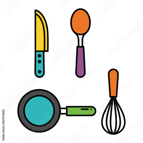 Vector Icon Set of Kitchen Utensils in Modern Flat Style with Bright Colors