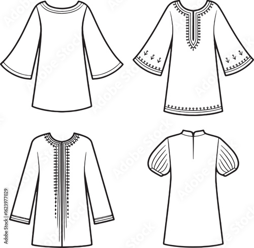 Four distinct garment designs with decorative trim and varied sleeve styles clothing apparel