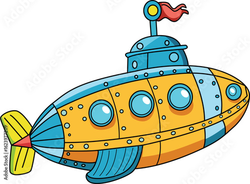  Cartoon Yellow Submarine with Portholes and Flag - Vector Illustration

