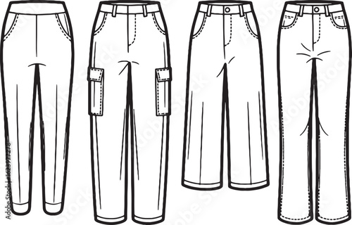 Four pairs of black and white line drawing pants trousers fashion