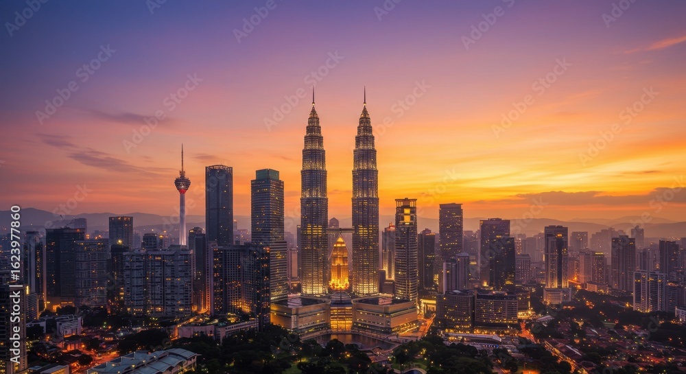 Obraz premium Majestic Kuala Lumpur Skyline at Sunrise: Breathtaking Panoramic View of Petronas Towers and Cityscape