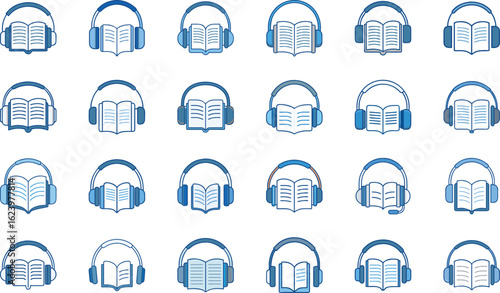 Collection of audiobooks represented by headphones and open books in a vector illustration