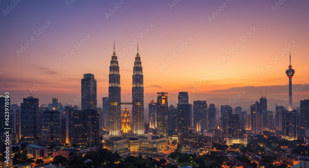 Obraz premium Majestic Kuala Lumpur Skyline at Sunrise: Petronas Towers and Cityscape Panorama