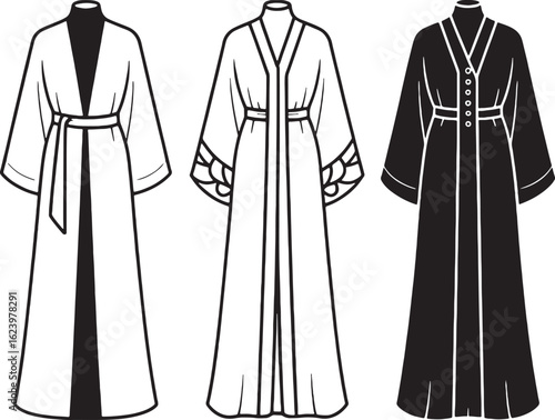 Three elegant flowing robes with distinct styles and colors clothing fashion