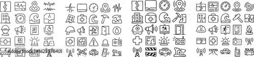 Earthquake disaster emergency response handdrawn icons collection.