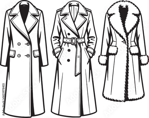 Coats and Jackets Illustrations of Long Furry and Classic Trench Coats