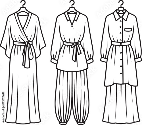 Three garments hanging on hangers clothing fashion