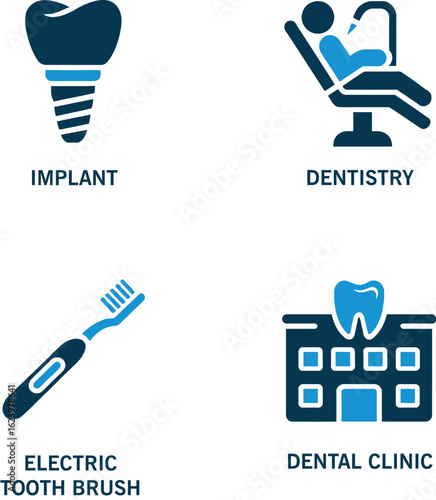 Essential Dental Health Icons: Implant, Dentistry, Electric Toothbrush & Dental Clinic Solutions