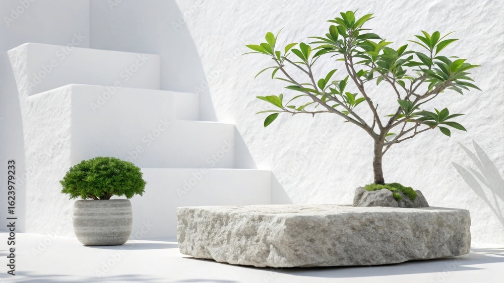 Fototapeta premium Minimalist stone podium with plant and stairs for product display and cosmetic presentation mockup