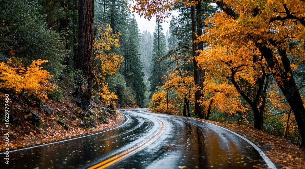 Fototapeta premium Winding road through autumn forest in the rain