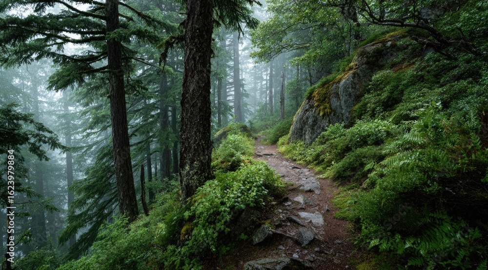 Fototapeta premium Misty mountain trail winds through lush green forest