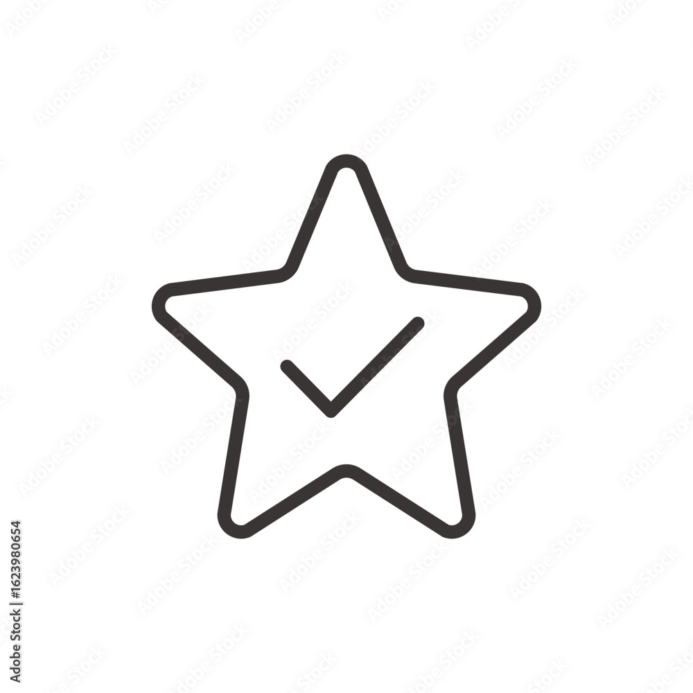 Obraz premium A line art icon of a checkmark inside a star shape, representing a favorite, premium, or highly-rated verified item.