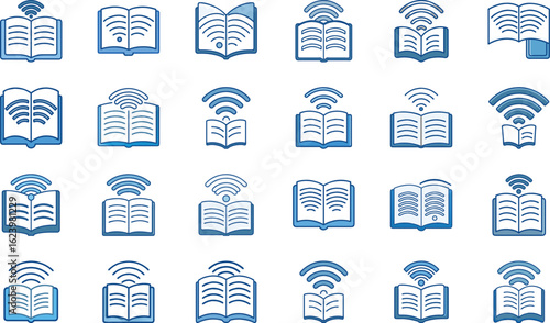 Collection of digital reading icons representing ebooks online learning and digital library access