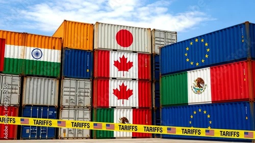 Stacked shipping containers with country flags and tariffs tape against a cloudy sky backdrop