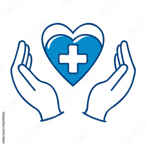 A symbolic representation of healthcare, with hands cupping a blue heart and a medical cross, conveying themes of care, well-being, and support.