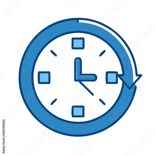 A blue clock illustration with an arrow, representing time and timeliness, a symbol of efficiency and planning.