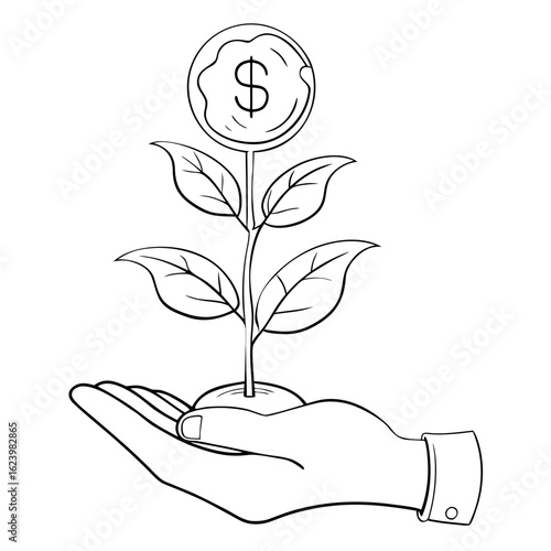 A hand tenderly cradles a blossoming plant bearing a coin. It is a concept that represents financial growth and the cultivation of wealth.